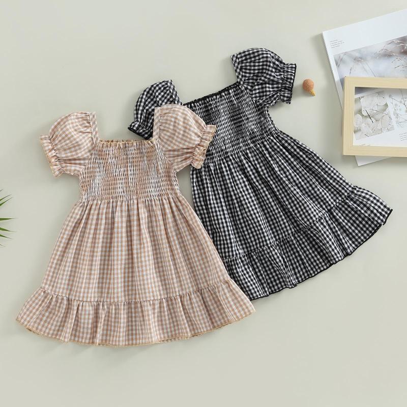

Girl Dresses Toddler Girls DressShort Puff Sleeve Plaid Printed Ruffles Knee Length A-Line Dress, Black