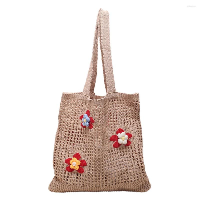 

Evening Bags Women Handbags Totes Fashion Hollow Mesh Female Clutch Girl High-quality Large Bag Knit Soft With Three-dimensional Flower, Khaki