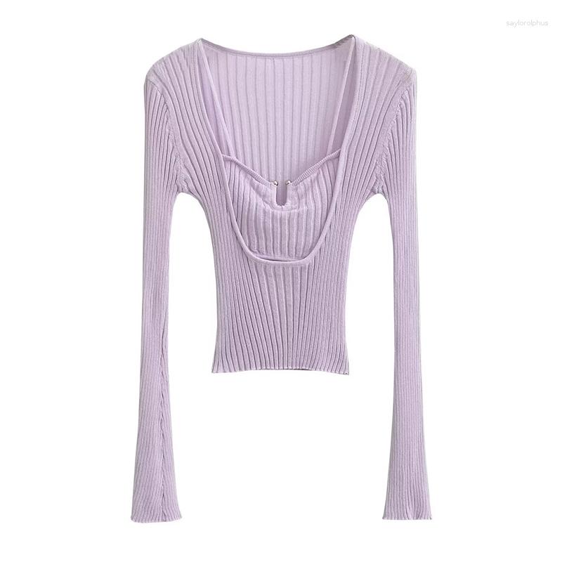 

Women' Blouses 2023 Summer V-neck Long-sleeved Fake Two-piece Knitted Sweater Tight Fashion Elastic Slim Fit Ladies Tops, Light purple
