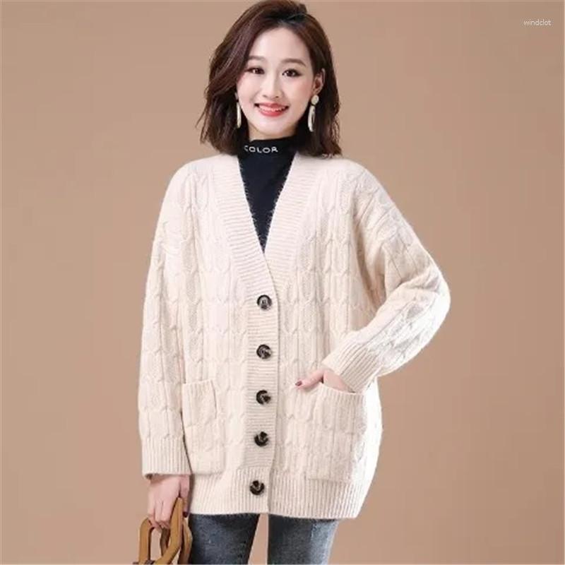 

Women's Knits Fashion Solid Color Knitted Cardigan Women 2023 Spring Autumn Loose Long-Sleeved V-Neck Sweater Ladies Knitwear Tops G2400, Green