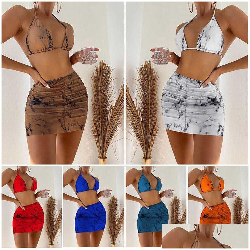 

Women' Swimwear Women 2023 Swimsuit Wind Stone Three Piece Set Bikini Bot Short Skirt Split Beach Er Dresses Drop Delivery Apparel Dh4Dt, Sapphire blue pattern