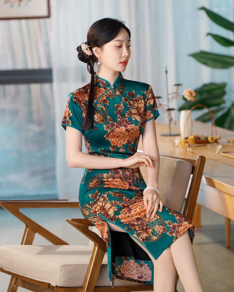 

Ethnic Clothing Elegant Women Satin High Split Qipao Slim Short Sleeve Long Dress Chinese Mandarin Collar Floral Print Cheongsam Vestidos