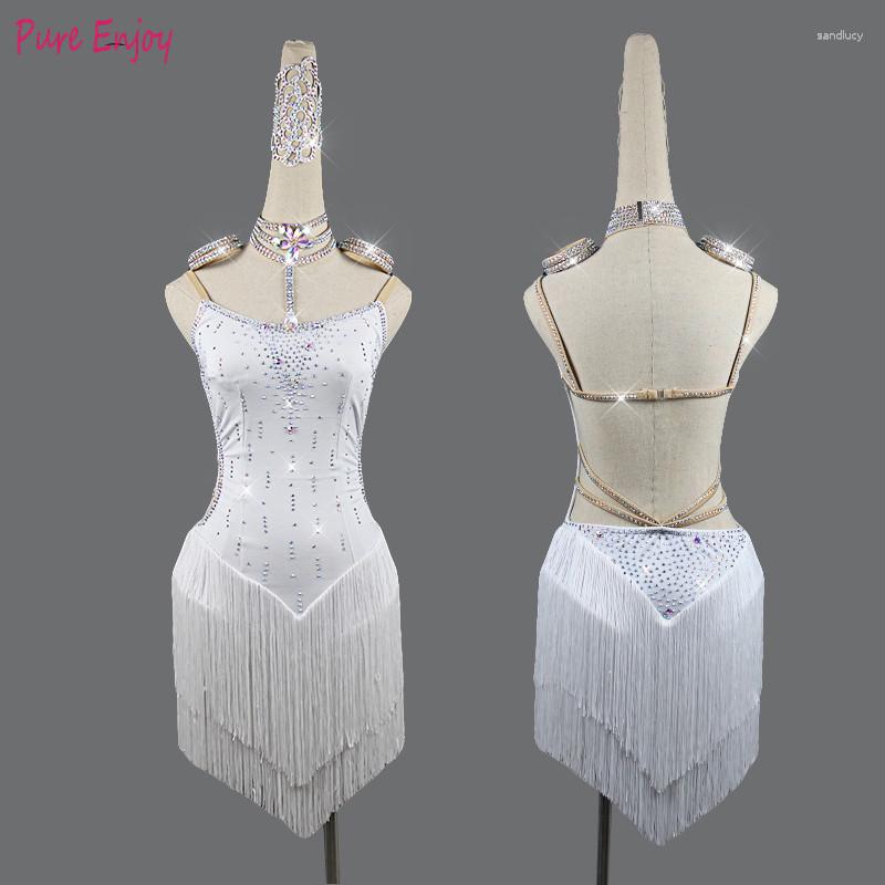 

Stage Wear Latin Dance Dress Women Competition Costumes Custom Practice Skirts Shining Crystal White Thick Fringed Dresses