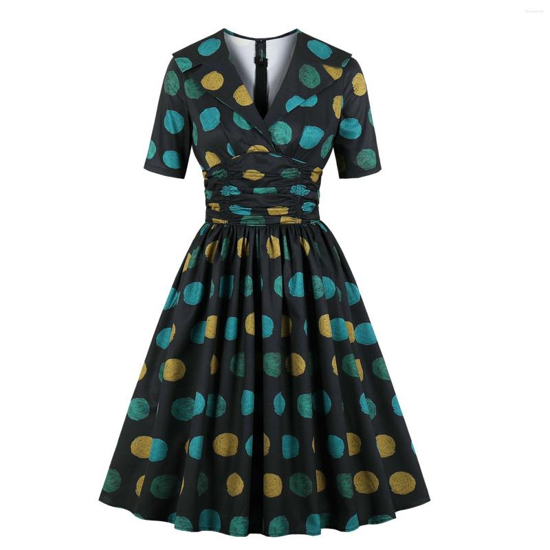 

Party Dresses Summer Women Retro Polka Dot Print For 2023 Short Sleeve Clothes Waist Pleats Sexy Elegant Dress, Green