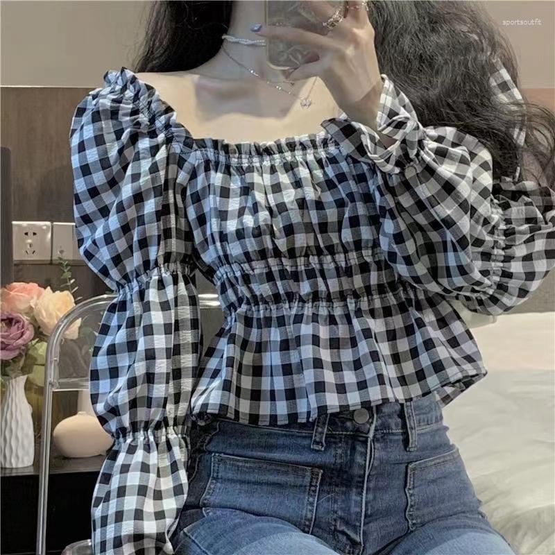 

Women' Blouses 2023 Spring Korean Temperament Square Collar Slim Waist Long Puff Sleeve Shirt Women Plaid Sweet Casual Versatile Top Mujer