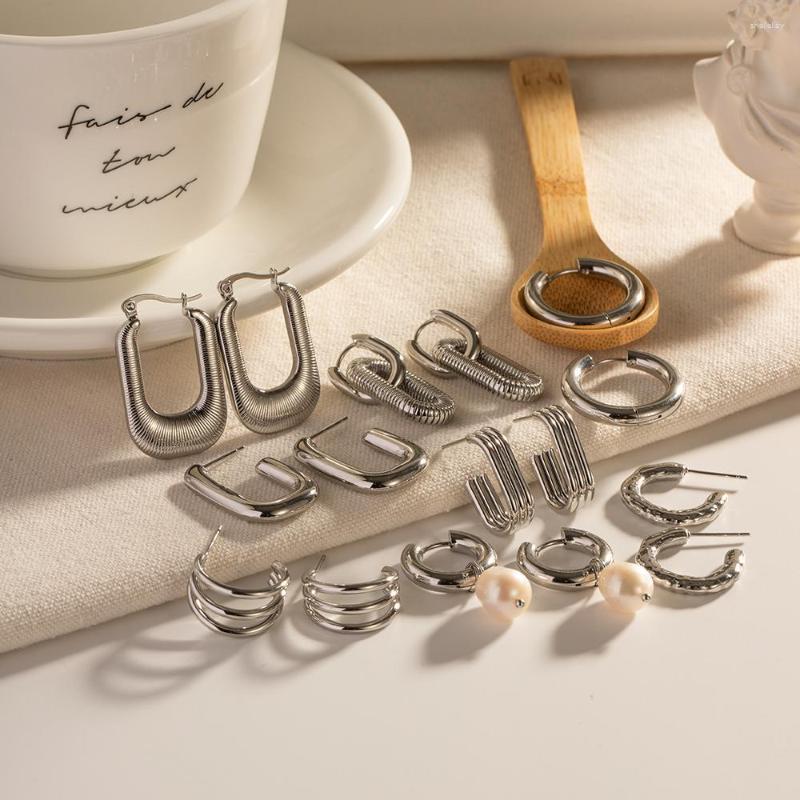 

Necklace Earrings Set Creative Design Sliver Stainless Steel Hoop For Women Minimalist Casual C Shape Metal Jewelry Gift Pendient Mujer, Picture shown