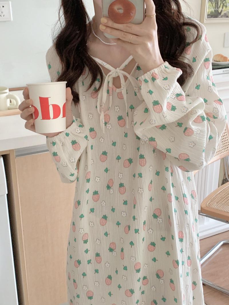 

Women's Sleepwear Cute Long Sleeve Nightgowns Women Sleepshirts Tender Strawberry Print A-line Nightdress Girls Autumn Sweet Set D463, Nightgown