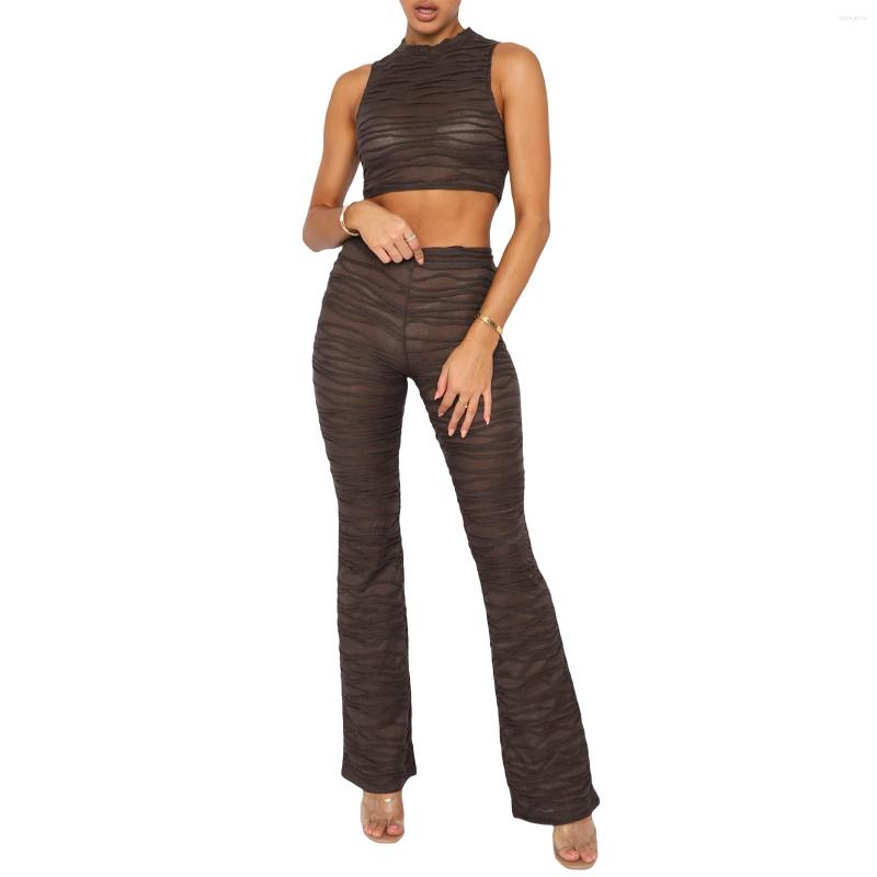 

Women' Two Piece Pants Women Sleeveless O-Neck Short Top And High Waist Sets Sexy Slim Perspective 2-piece Set Ladies Fashion Solid Texture, Brown