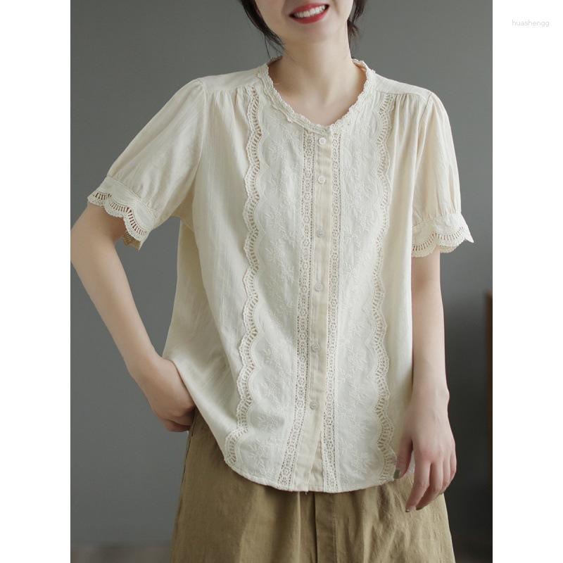 

Women's Blouses 2023 Summer Korean Women's Solid Color Shirt Vintage Lace Short Sleeve Loose Single Breasted Top LuckBN, Apricot