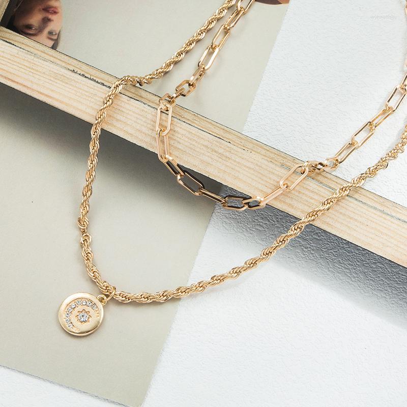 

Chains Fashion Gold Color Star Moon Rhinestone Multi Layer Pendant Necklaces For Women Trendy Punk Geometric Party Chain Necklace Gifts