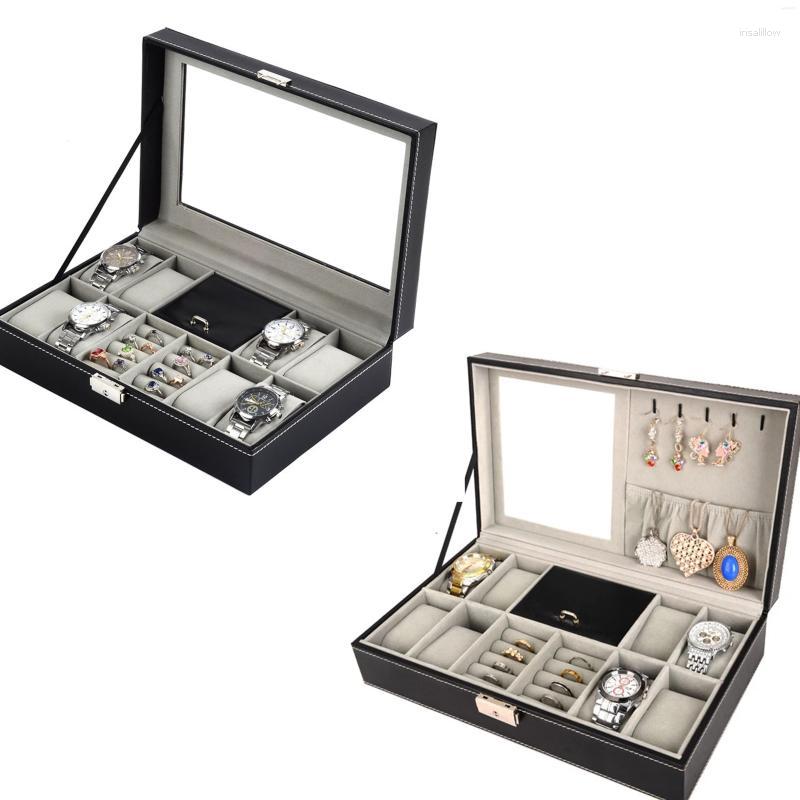 

Watch Boxes PU Leather Box Jewelry Display Storage Drawer Lockable Case Organizer 8 Slots Rings Tray With Lock Gifts