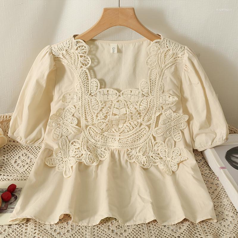 

Women's Blouses Korejepo Lace Hook Flower Shirt 2023 Summer Korean Temperament Splice Fake Two Piece Blouse Short Sleeve Loose Top Women, White