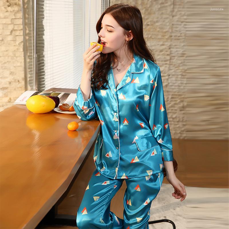 

Women's Sleepwear Womens Geometric Print 2PCS Pajama Sets Long Sleeve Turn-down Collar Home Wear Spring Autumn Lounge Satin Nightwear, Lake blue