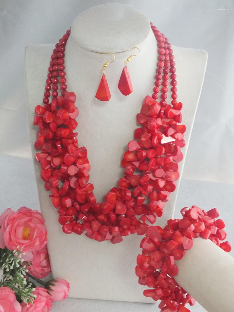

Necklace Earrings Set Amazing Red Coral Beads Wedding African Nigerian Artificial Sets 22", Picture shown