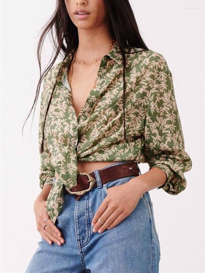

Women' Blouses Women' Turn-down Collar Chemise Long Sleeve Blouse Bamboo Leaf Print Loose Female Shirts 2023 Spring Summer, Green