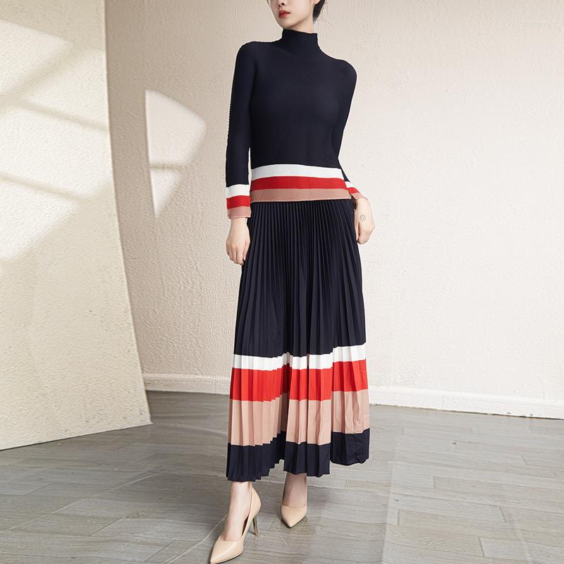 

Work Dresses Skirt Sets Women 2023 Autumn Hit Color Patchwork Stretch Miyake Pleated Turtleneck Slimming T-Shirt Elastic Waist Suits, Blue top skirt