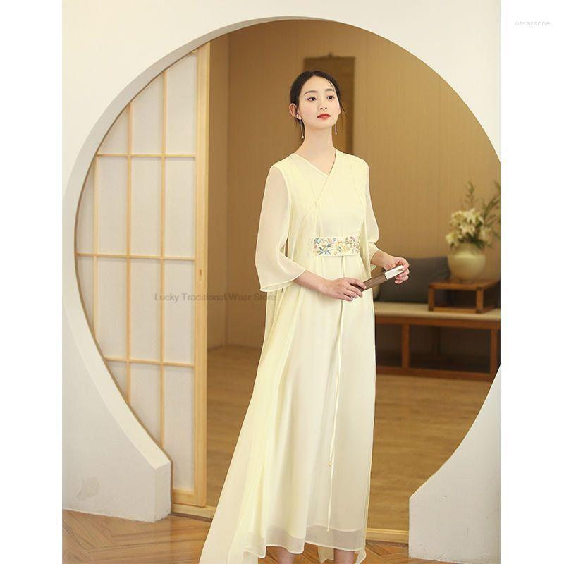 

Ethnic Clothing Chinese Hanfu Dress Traditional Cheongsam Flower Embroidery Qipao Vintage Oriental Chiffon