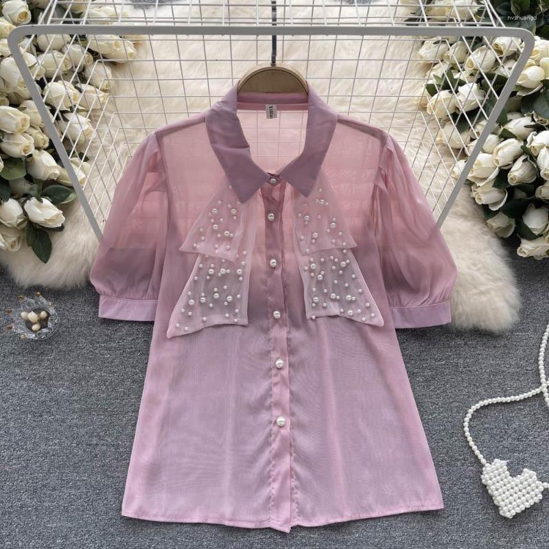 

Women's Blouses 2023 Summer Women's Polo Neck Beading Loose Gauze Shirt Office Lady Single-Breasted Puff Short Sleeve Black White Tops, Purple