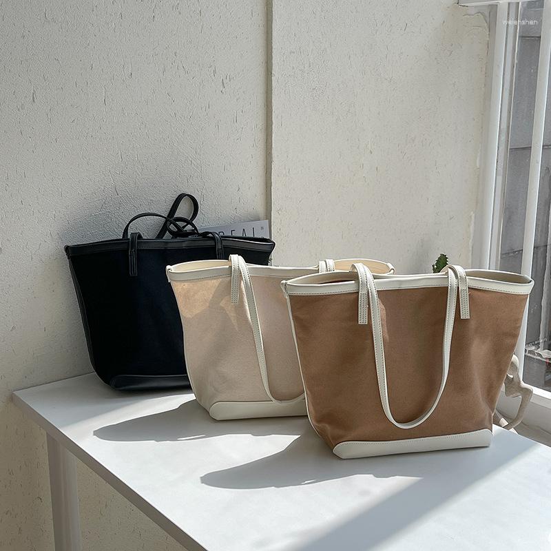 

Evening Bags Korean Style Trendy Shoulder Bag Fashion Casual Canvas Picture Tote Handbag Large-capacity Stitching, Beige