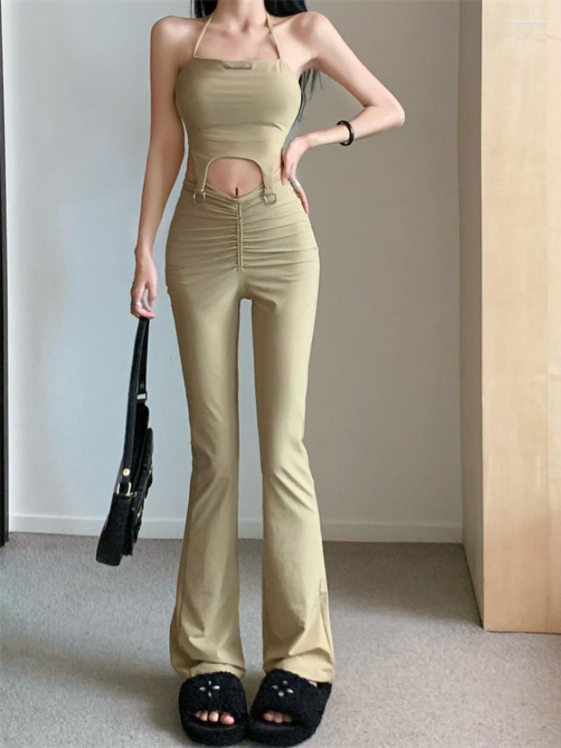 

Women' Two Piece Pants Girl Suit Women' High Waist Drawstring Slim Micro Flare Irregular Sexy Camisole Two-piece Set Female Clothes, Black