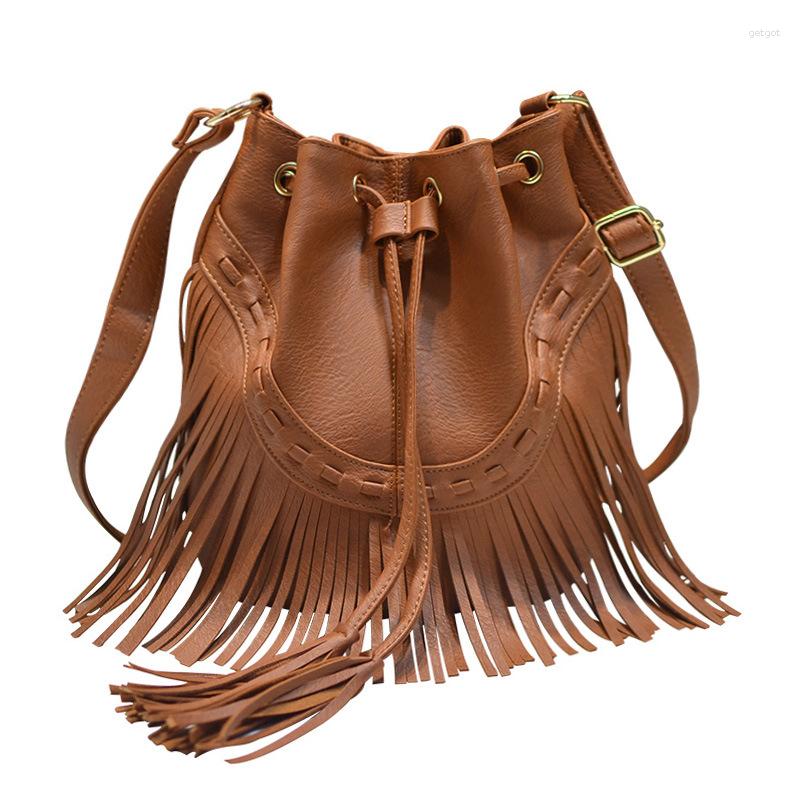 

Evening Bags Women Casual Drawstring Handmade Tassel Bucket Bag Single Shoulder Crossbody Women's Retro 2023, Beige