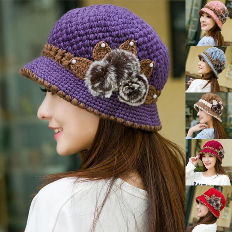 

Berets Patchwork Color Round Dome Short Brim Bucket Hat Old People Winter Elegant Flower Decor Knitted, Grey