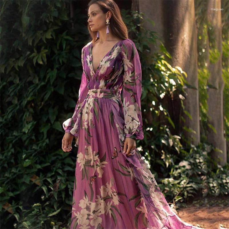 

Casual Dresses Elegant Purple Floral Print Dress Beachwear Fashion Long Sleeve Loose V-Neck Holiday