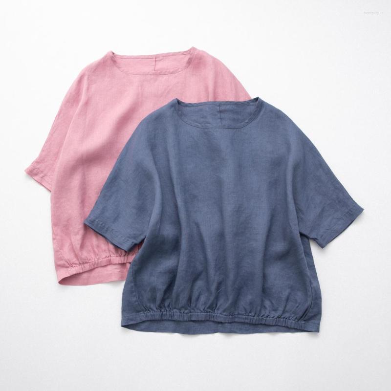 

Women' T Shirts Good Quality Light And Skinny Pure Linen Loose Fitting Short Sleeved T-shirt Artistic Women' Summer Blouse 23035, Pink