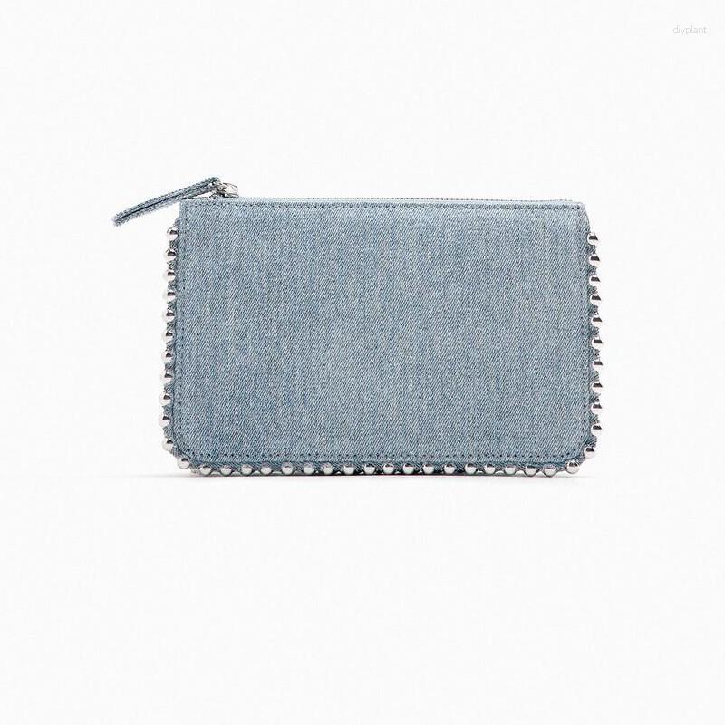 

Evening Bags Luxury Beading Denim Crossbody For Women Fashion Rivet Shoulder Bag Designer Chains Handbags And Purses Brands Flap Tote, Blue