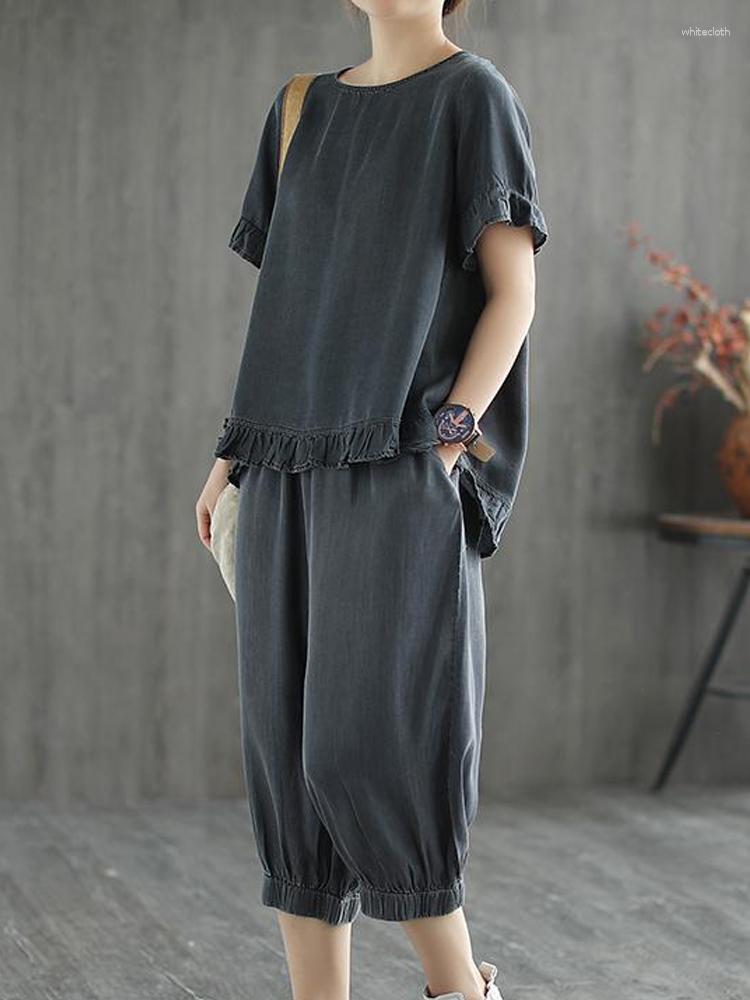 

Women's Tracksuits 2023 Solid Color Women's Summer Denim Casual Pullover Half-sleeved T-shirt Set Elastic Waist Calf-length Pants, Black