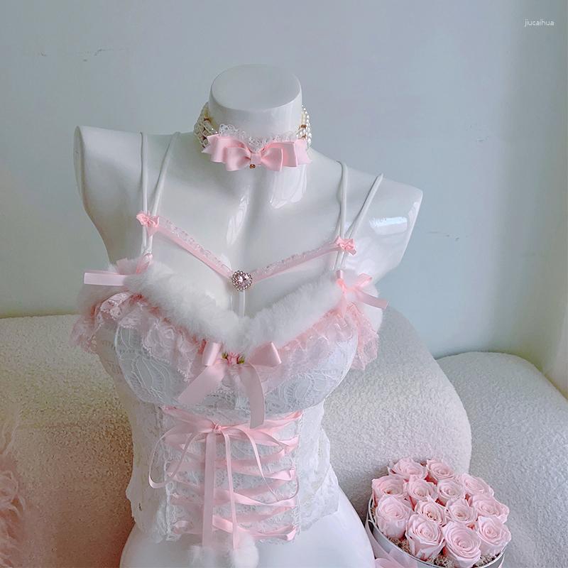 

Women's Tanks Cute Crop Top Women Summer Lace Trim Bow Decoration Sweet And Lovely Slim Tops For Girls Lolita Style Aesthetic Kawaii Clothes, Pearls necklace