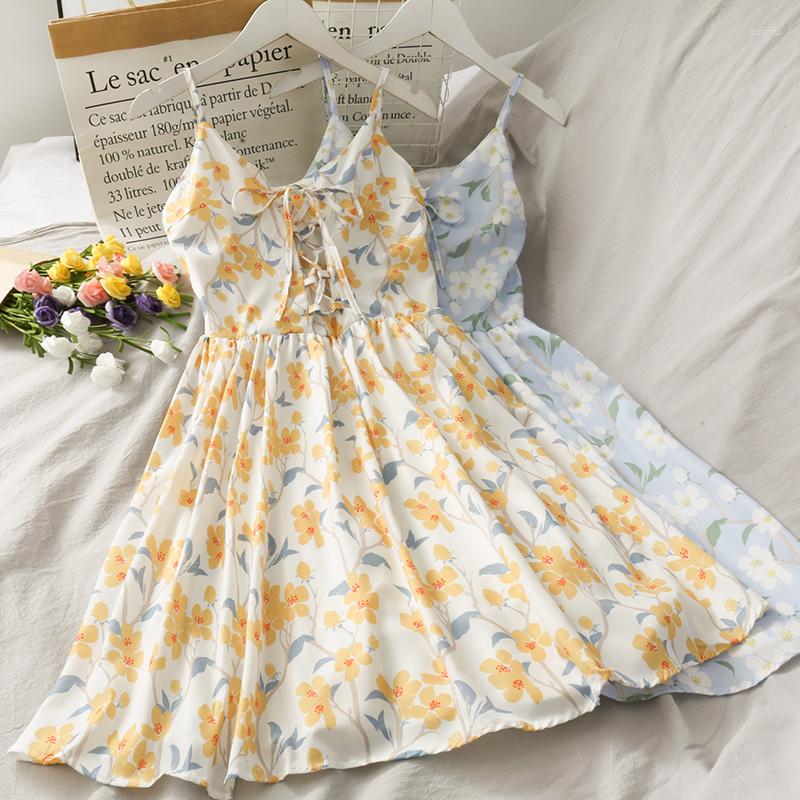 

Casual Dresses Korean Summer For Women A-line Lace-up Spaghetti Strap Female Dress Floral Print High Waist Girls Vestidos Dropshopping, Blue
