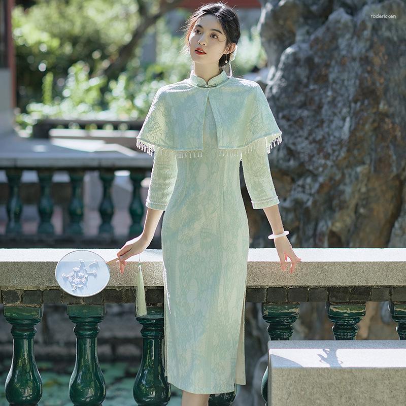 

Ethnic Clothing Vintage Women Green Cotton Long Sleeve Qipao Chinese Style Orientale Mandarin Collar Slim Cheongsams Robe Vestido