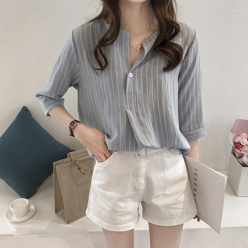 

Women's Blouses Korean Style Fashion Large Round Neck Striped Shirt Single Button 2023 Summer Women's 3/4 Sleeve Top Loose Casual, Pink