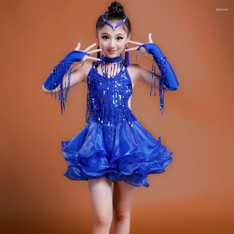 

Stage Wear Sale Junior Child Kids Girls Latin Dance Costumes Sequin Fringe Dress Bachata Salsa Dresses, Blue