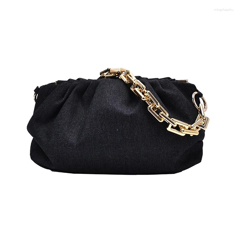 

Evening Bags Gold Chain Denim Shoulder Bag For Women 2023 Summer Armpit Lady Handbags Female Solid Color Travel Crossbody, Black