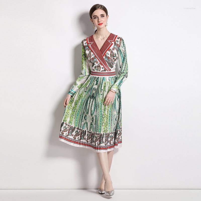 

Casual Dresses Suit Neckline Slim-Waist Printed Pleated Dress Spring Summer Elegant Party Vestidos, 2042
