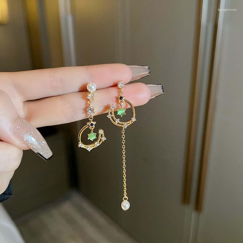

Dangle Earrings Korean Green Zircon Moon Star Asymmetric For Women Exquisite Crystal Long Tassel Chain Jewelry Gift