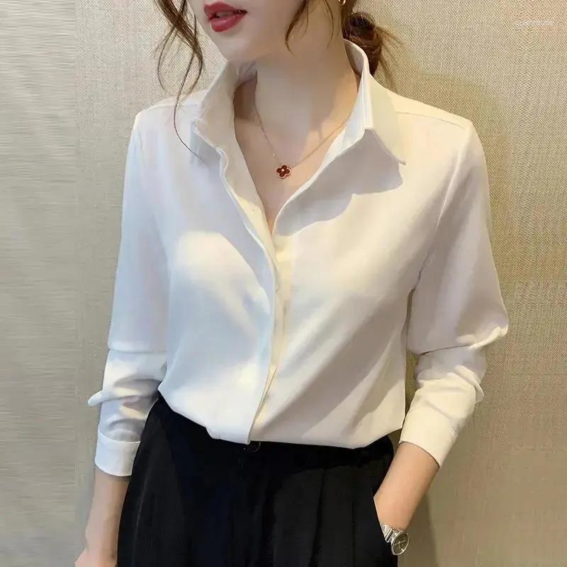 

Women's Blouses Autumn Fashion Button Up Chiffon Shirt Spring Vintage Blouse Women Deep Red Lady Long Sleeves Female Loose Street Shirts, White