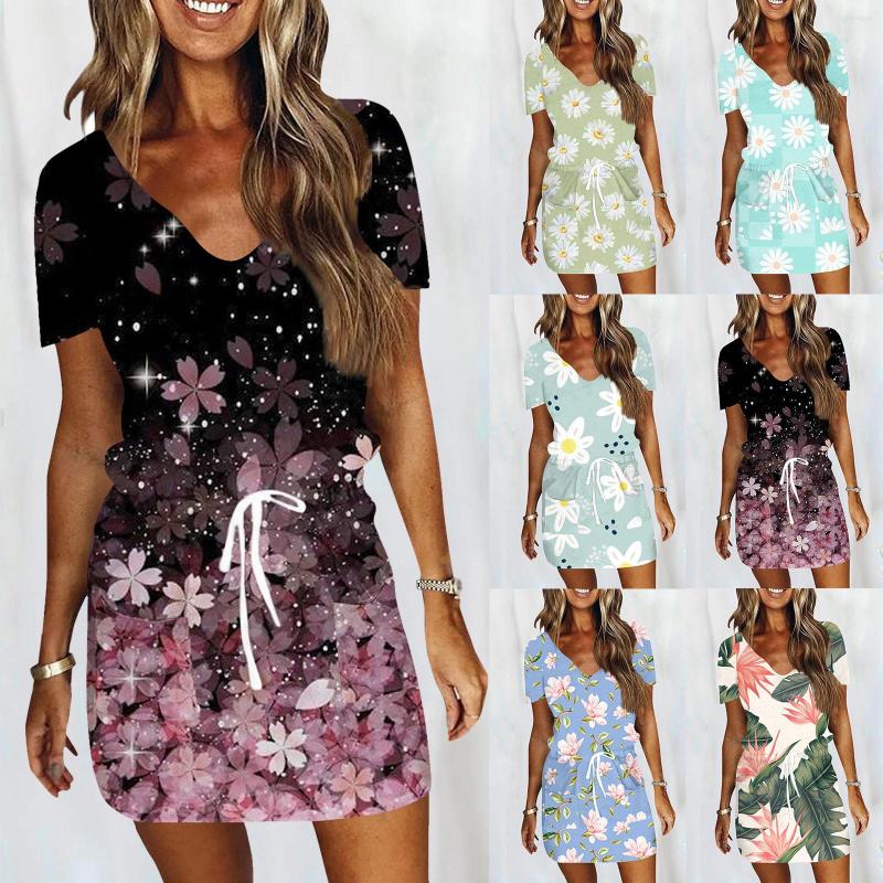 

Casual Dresses Women Summer Floral Printed Dress Mini Swing With Pockets, Green