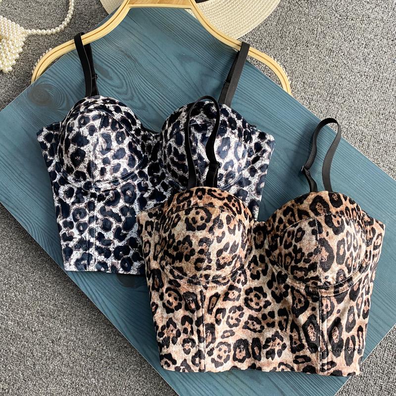 

Women's Tanks 2023 European Fashion Design Women's Leopard Print Velvet Fabric Padded Spaghetti Strap Bustier Bocycon Tunic Sexy Tank, Pink