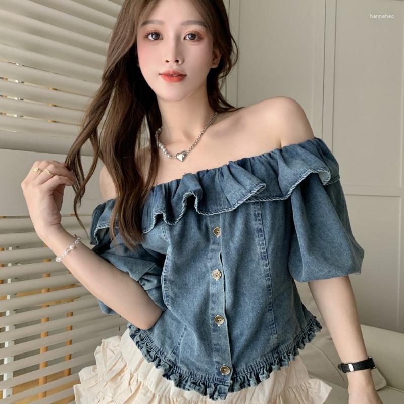 

Women' Blouses Women' Denim Blouse Slash Neck Ruffles Single Breasted Short Sleeve Slim Solid Color Shirt 2023 Summer Fashion Tops, Denim blue