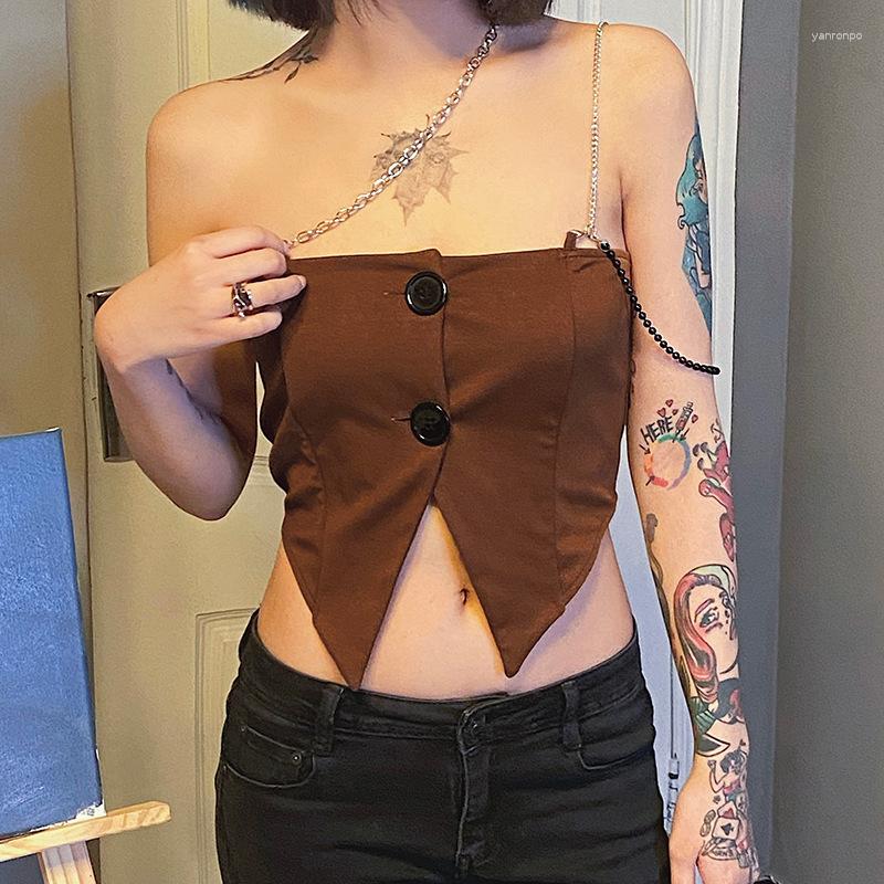 

Women' Tanks Sexy Backless Crop Tops Irregular One Shoulder Chain Sleeveless Cami Top Split Harajuku Casual Camisole Women Clothing 2023, Dark brown