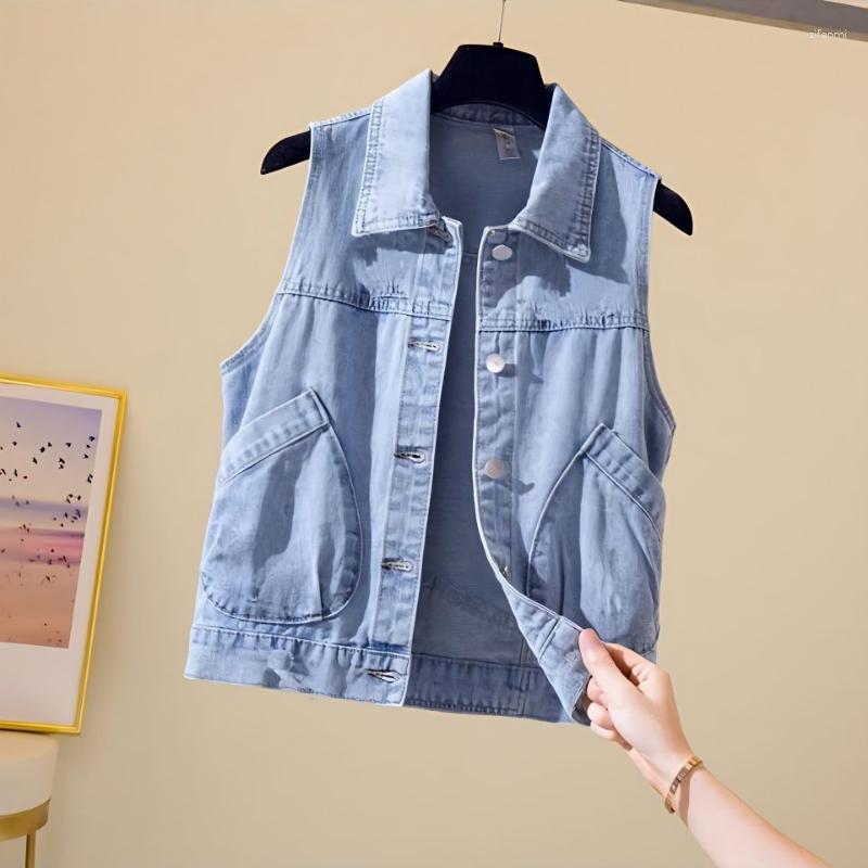 

Women' Vests Women High Street Summer Chic All-match Ladies Denim Outwear Stylish Simple Basic Sleeveless Pocket Womens Jackets Q251, Blue