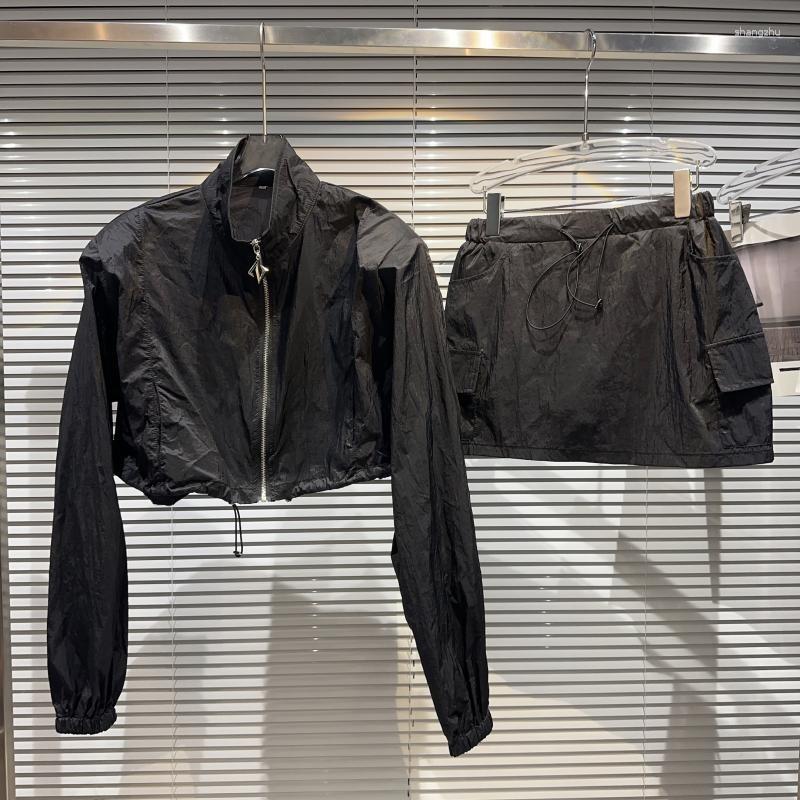 

Work Dresses BORVEMAYS Drawstring Stand Collar Solid Color Sun Protection Jacket Mini Skirts Summer Two-piece Sets Women WZ2126, Black