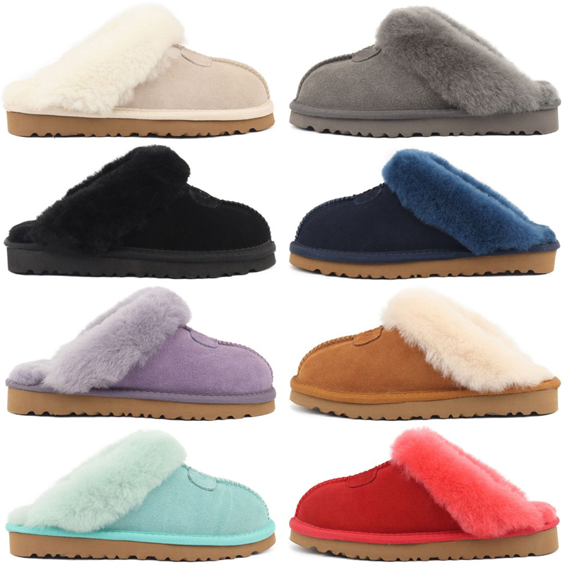 

Disquette Slide fur slippers Real Leather sandals Flat Mule Warm Cowboy Cotton winter snow shoes mini ankle black chestnut warm white grey blue womens mens