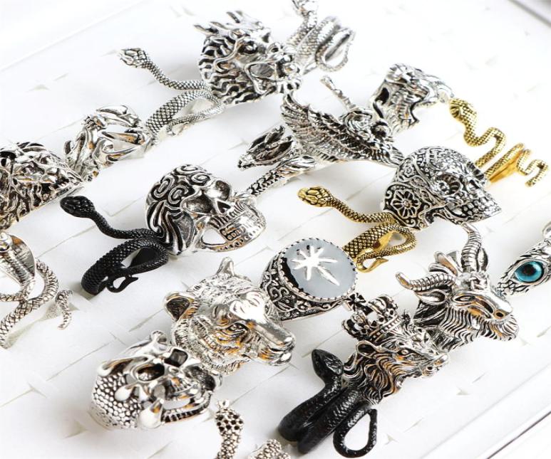 

20Pcs/Lot Fashion Punk Animal Antique Gothic Skull Rings Jewelry For Men Mix Style Party Gift Biker Gold Silver Black Plated Tiger Owl Skeleton Wholesale2347367