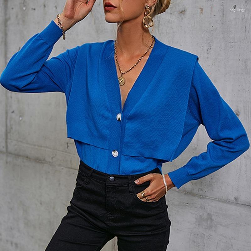 

Women' Knits Autumn And Winter Temperament Commuter Single-breasted Sweater Blue Knit Thin Section Retro Long Solid Color Cardigan