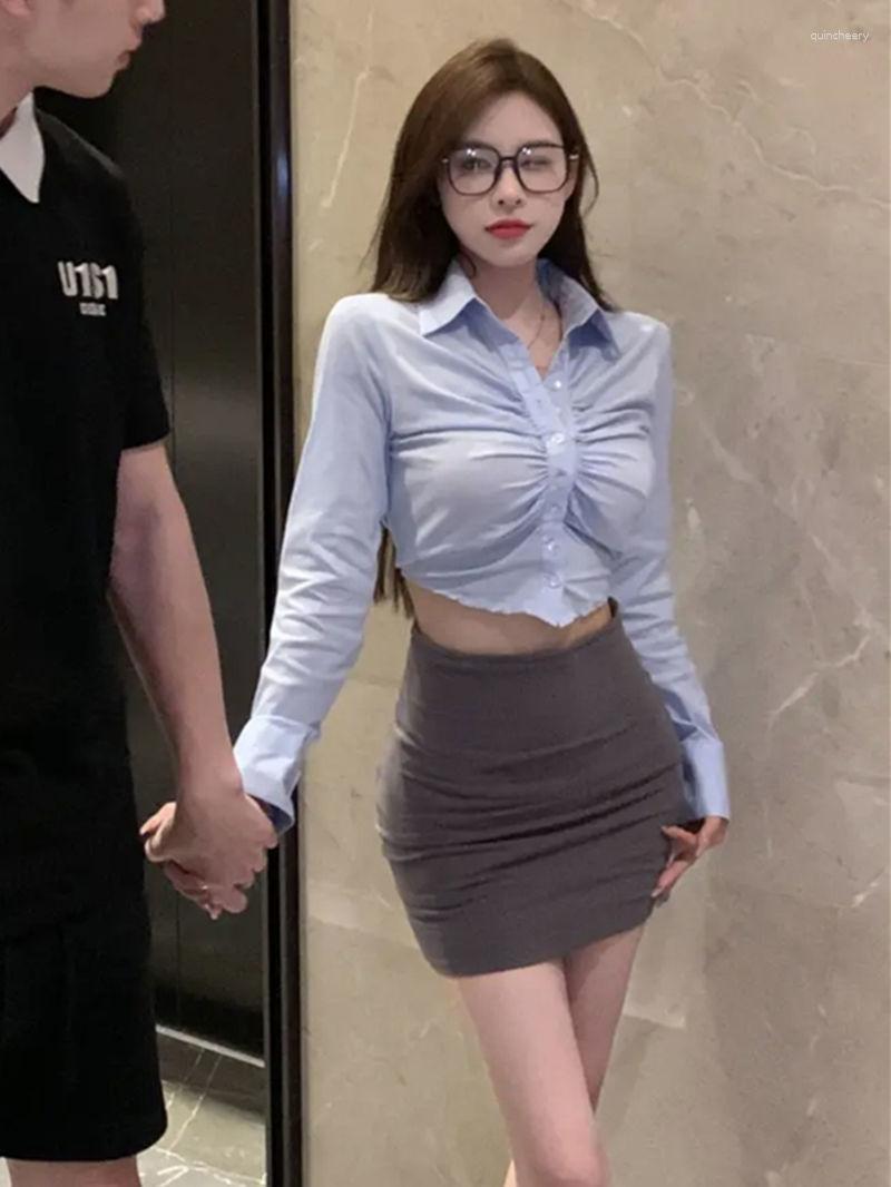 

Women's Blouses Sexy Cropped Shirt Women Long Sleeve Top Skinny Pleated Slim Fit White Button Up Shirts Designer Fashion Youth Blouse 2023, Sky blue
