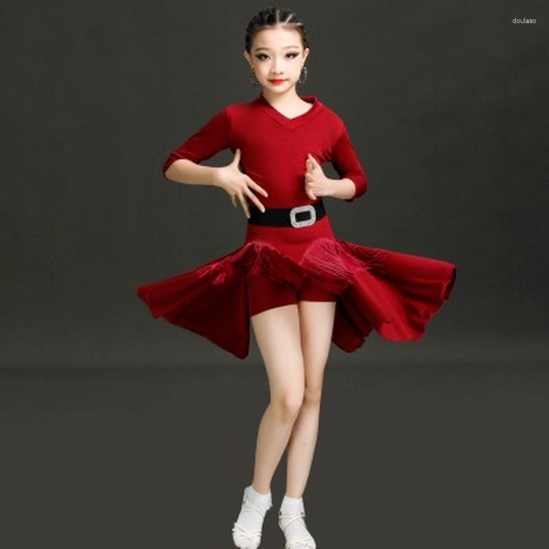 

Stage Wear Dance Costumes Girls Latin Cha Dancer Performance Competition Tassel Skirts Solid Color Dress High Waist Dresses Women, Black